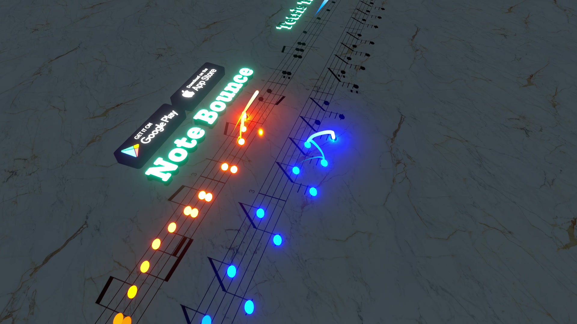 Note Bounce gameplay: glowing balls bouncing along the notes of a sheet music staff